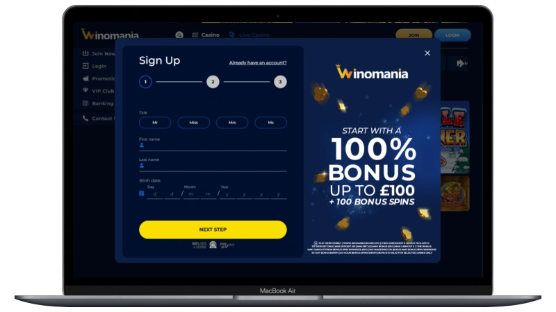 winomania registration page with welcome offer
